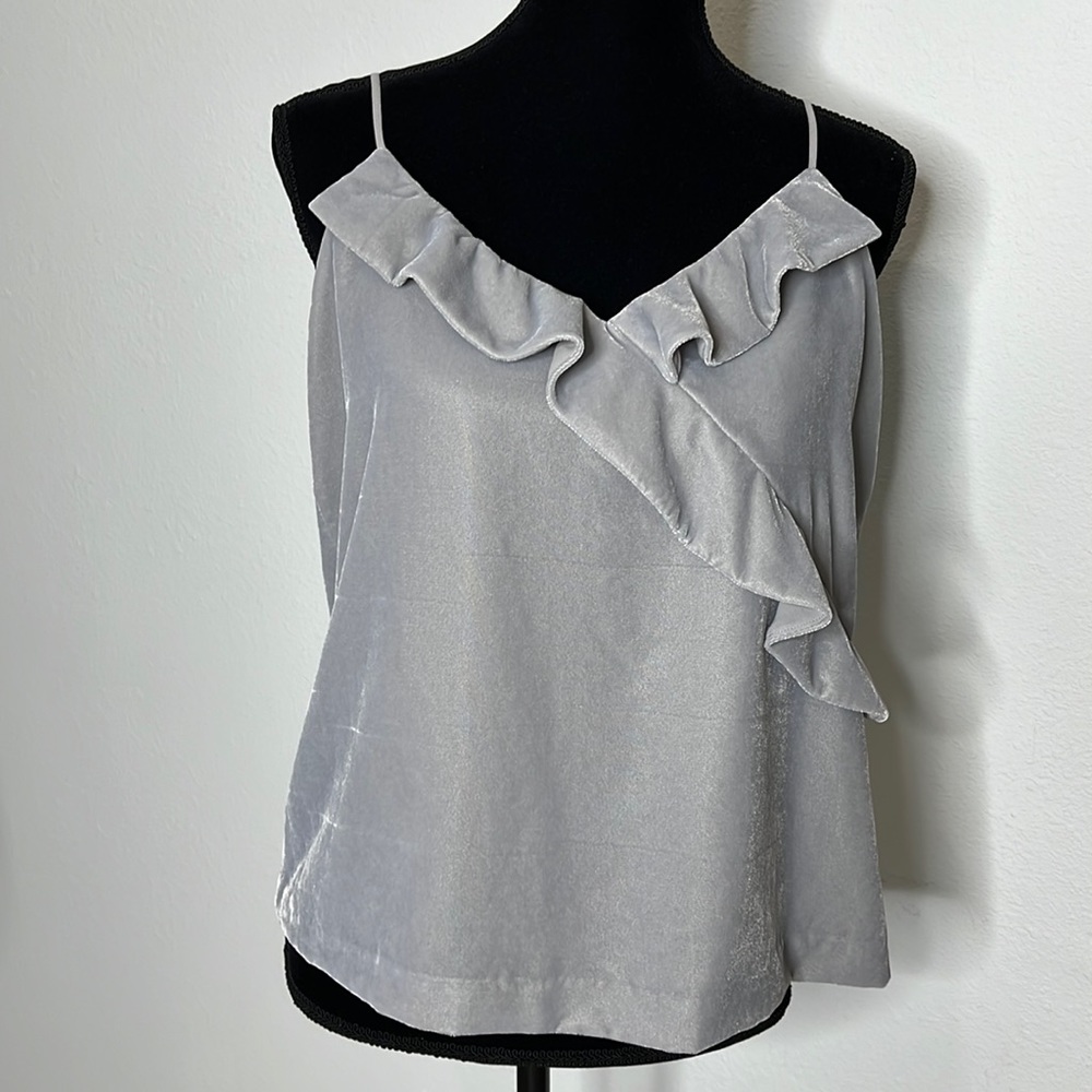 J. Crew size 8 silver velour blouse. Adjustable spaghetti straps. Front ruffle